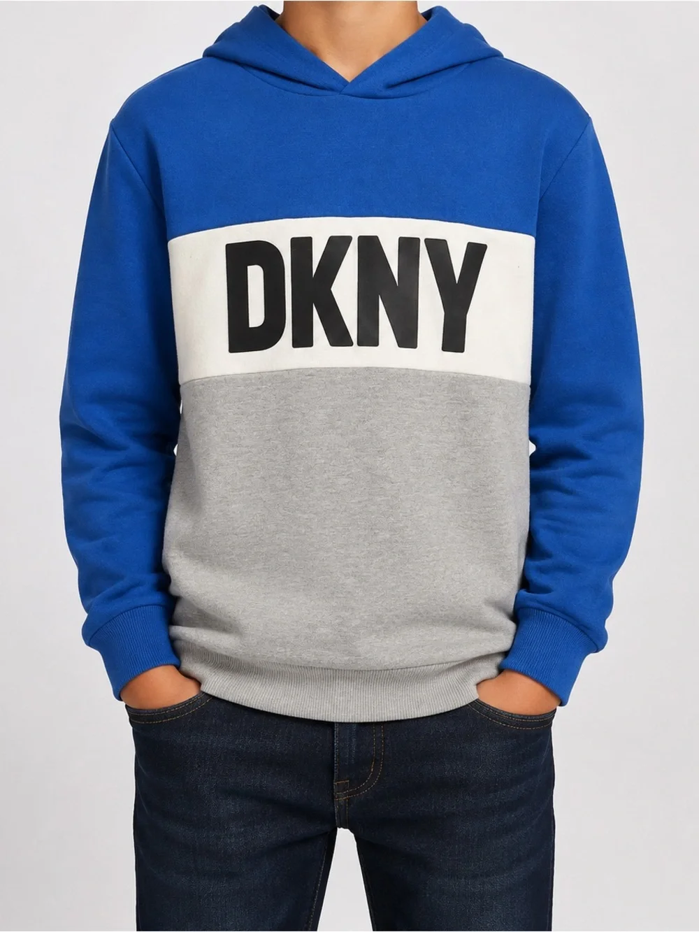 DKNY Blue, Gray & White Colorblock Crewneck Hoodie